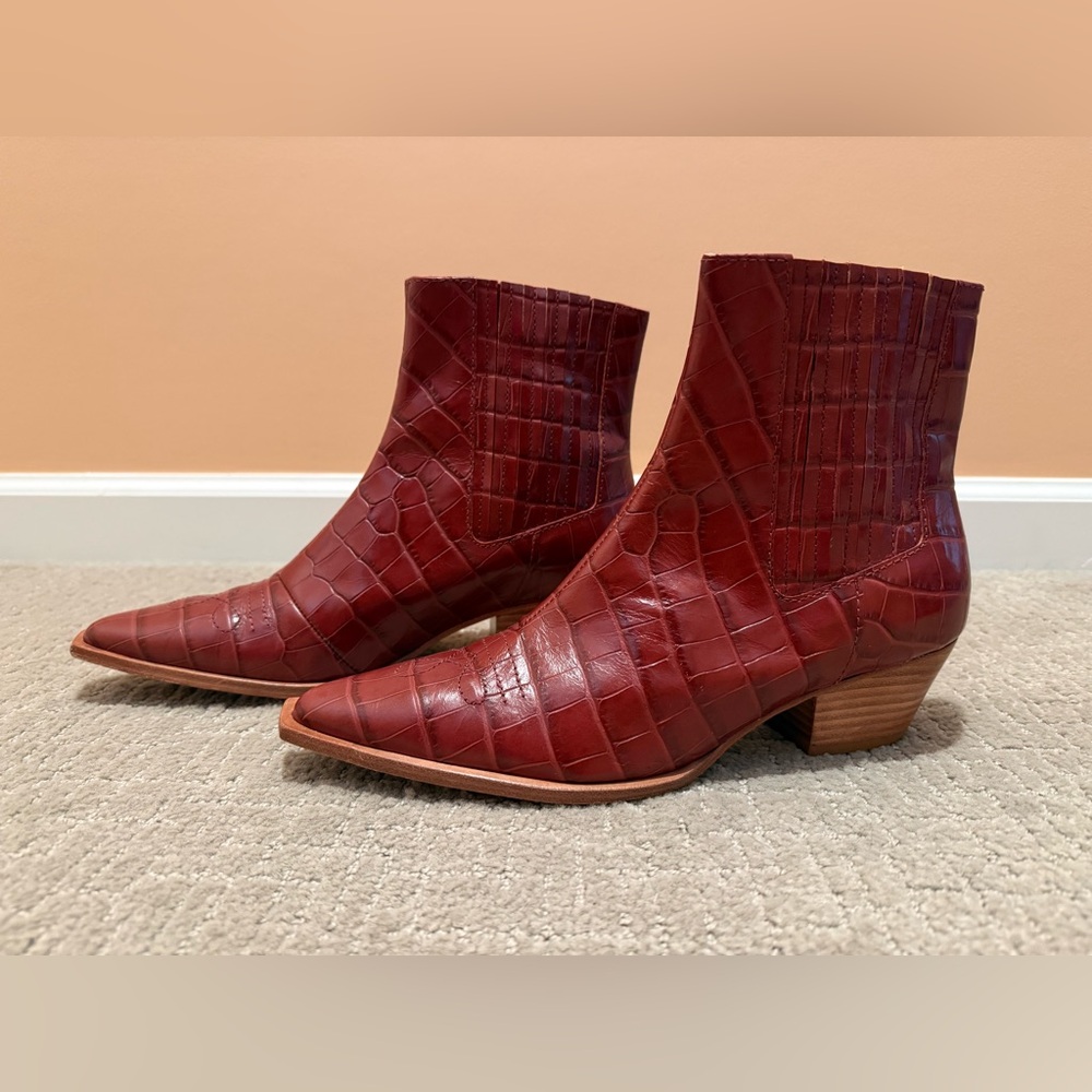 SCHUTZ Briana Burgundy Crocodile Embossed Leather Ankle Boot